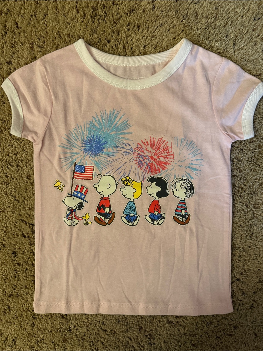 Peanuts Pink Kids Tee with Patriotic Snoopy Graphic